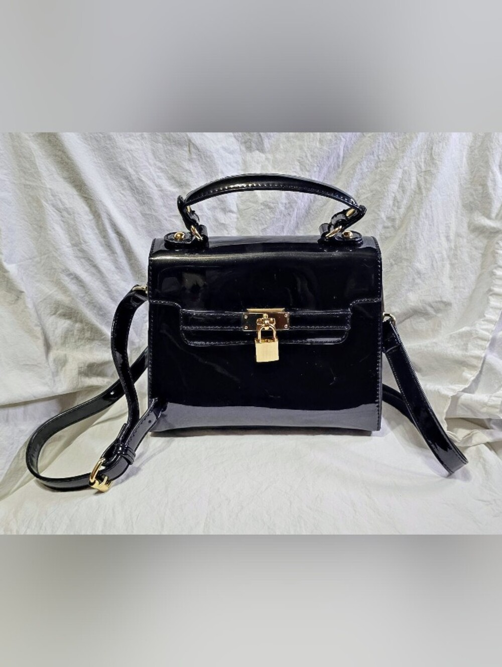 Black Patent Leather Square Top Handle Crossbody Shoulder Purse Small